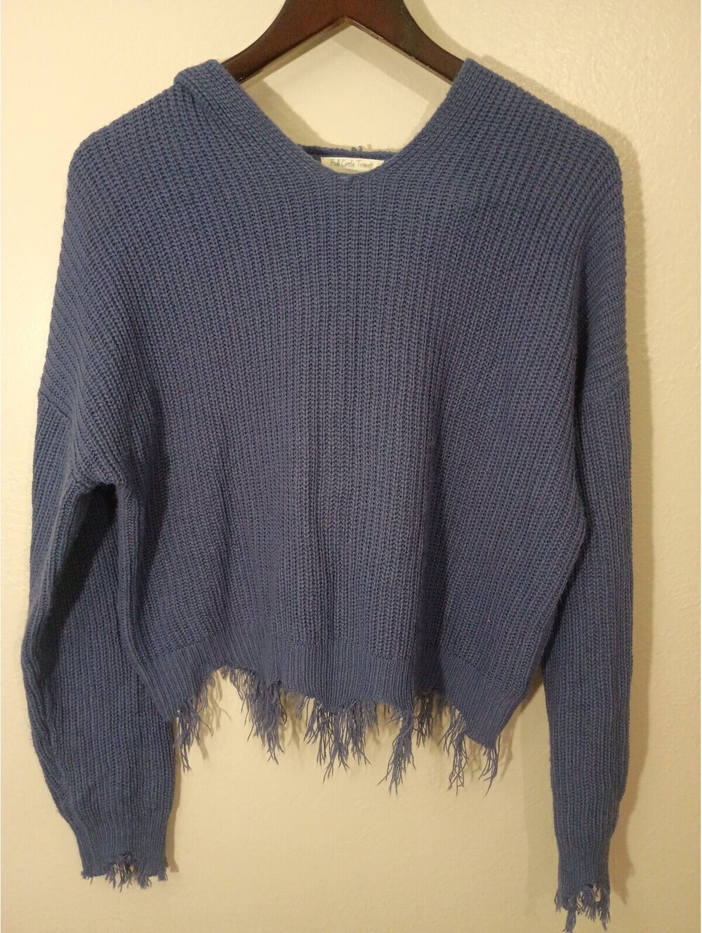 Full Circle Trends Blue Knit Hooded Sweater with Distressed Hem